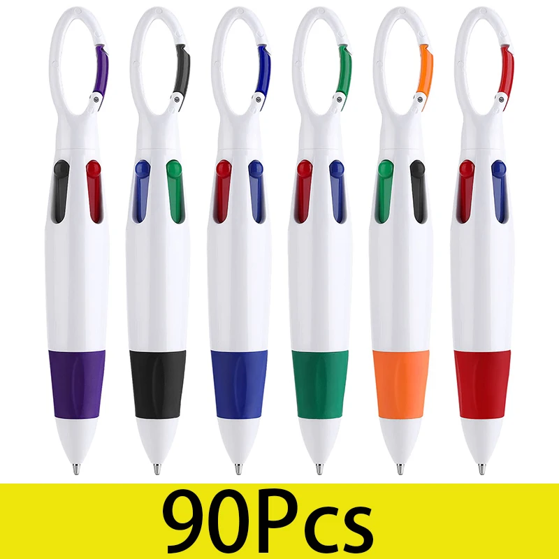 90Pcs Retractable Shuttle Pens 4 Neon Color in One Ballpoint Pen with Buckle Clip on Top Multi-Color Carabiner Keychain