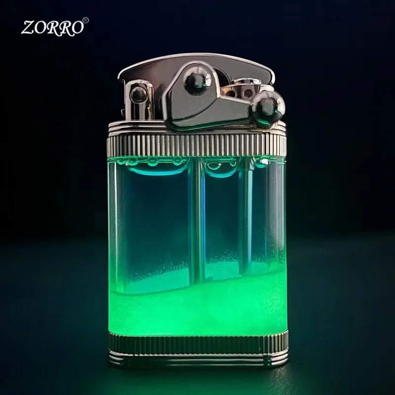 ZORRO Luminous Quicksand Rocker Kerosene Lighter Transparent Fuel Tank Metal Retro Grinding Wheel Cigarette Lighter Men\'s Gift