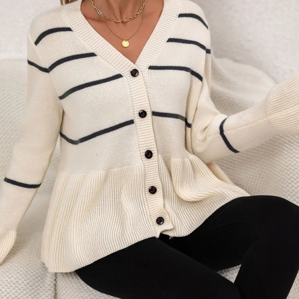 Cardigan casual com gola redonda, manga longa, tubo reto, sem decoração, malhas femininas com frente aberta