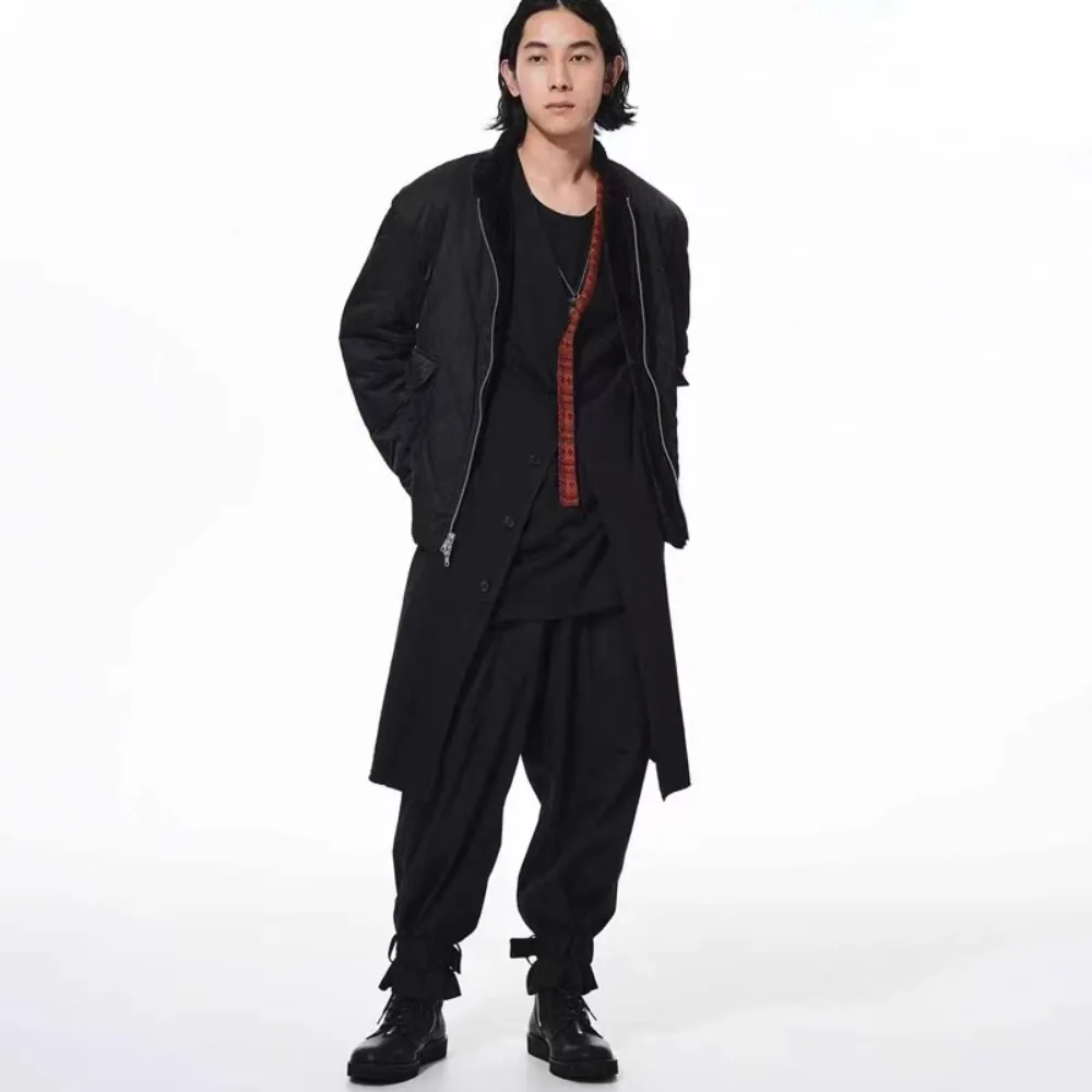 High Street Elastic Waist Pants Men's Dark Style Ankle Pants with Multiple Pockets Streetwear Casual Loose Pants