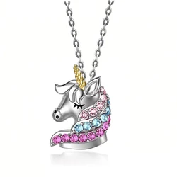 Colored Rhinestone Unicorn Necklace Cartoon Horse Pendant Necklaces For Girls Boys Children Jewelry Gifts