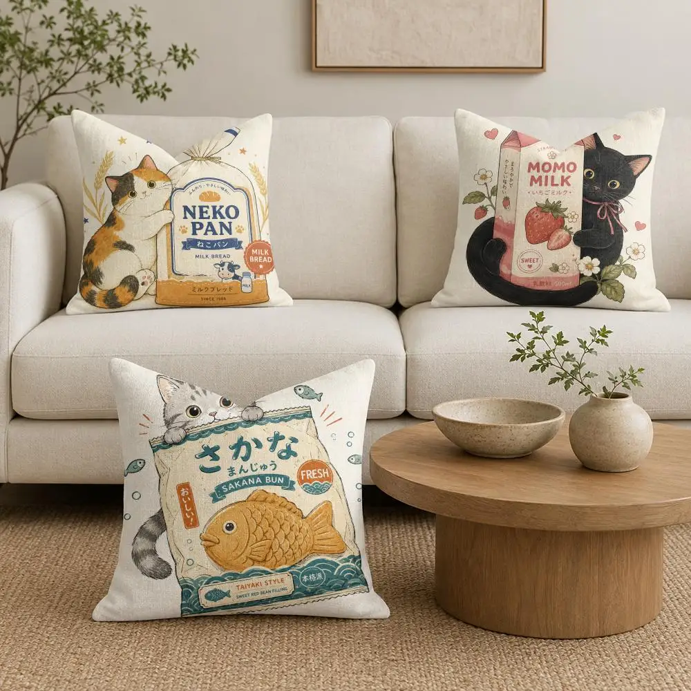 Cute Cat Beverage Cushion Cover Organic Linen Throw Pillow Cover - Double-Sided Print Breathable Cushion Case Home Decor