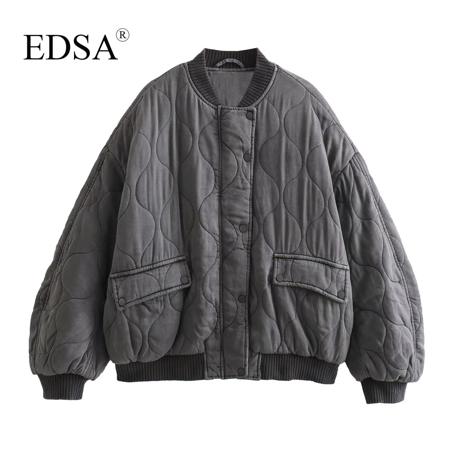 EDSA Women Oversized Quilted Bomber Jackets Thick Warm Coat Long Sleeve Snap-Button Female Outerwear Chic Tops