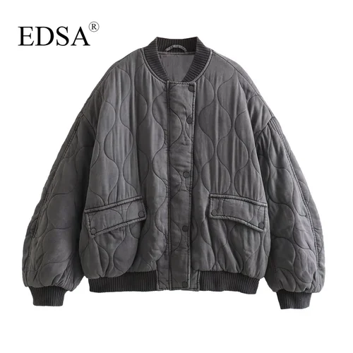 Imagen 2 del producto EDSA-chaquetas Bomber acolchadas de gran tamaño para mujer, abrigo grueso y cálido de manga larga con botones a presión, prendas de vestir exteriores femeninas, Tops elegantes
