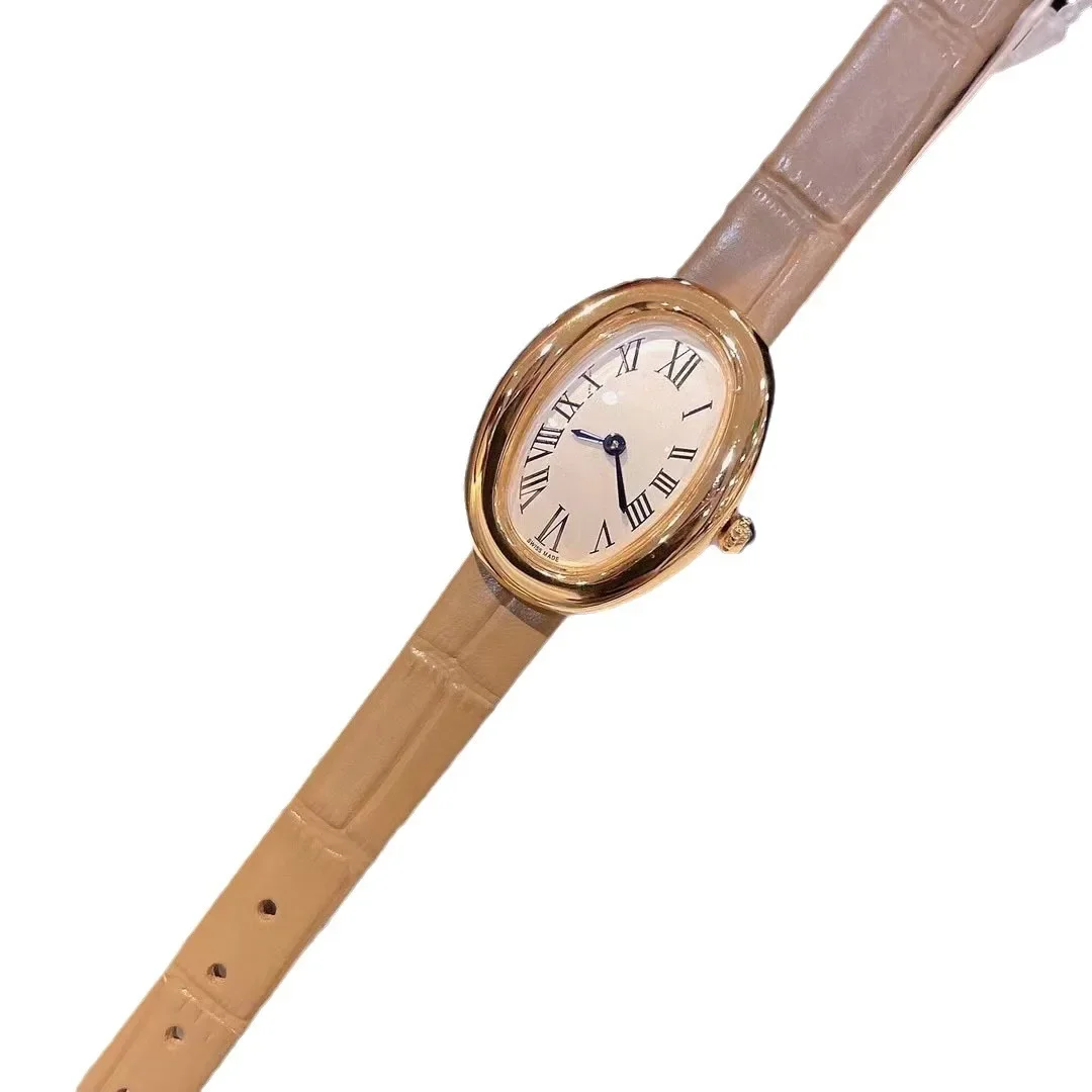 Reloj de cuarzo de bañera Ovalada para mujer, joyería vintage, reloj de pulsera de alta gama, pequeño reloj de frijol dorado con logotipo