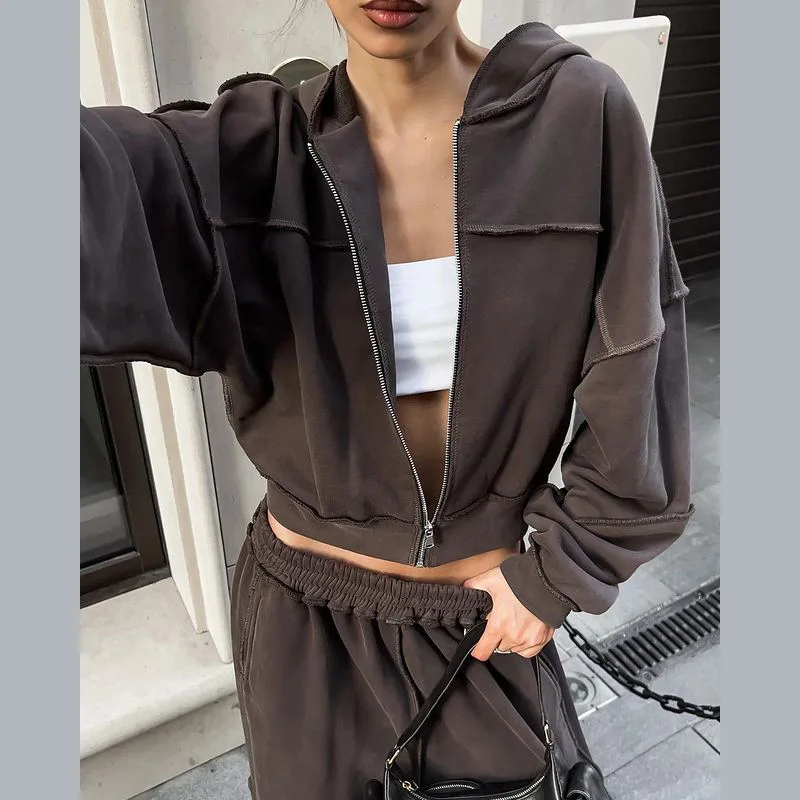 2024 Autumn winter new women\'s fashion personality loose solid color zipper coat with hooded high-waisted leisure suit