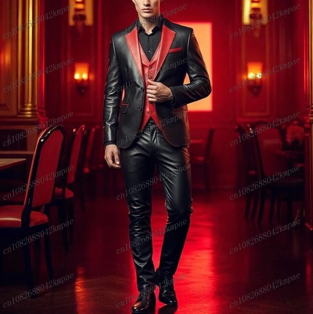 

New Black And Red Leather Men Suit Formal Groom Groomsman Wedding Party Prom Male Business Tuxedos 3 Piece Set Blazer Vest Pants