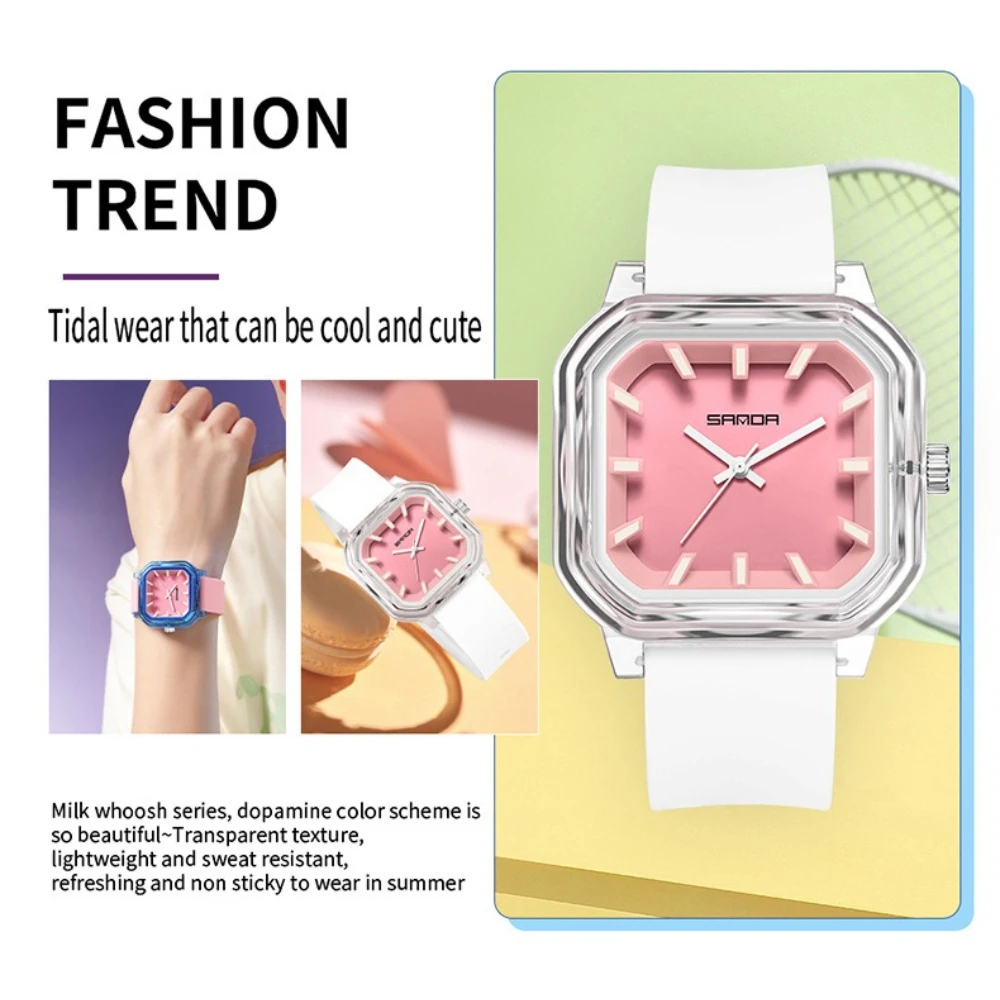 SANDA 9083 Popular High-value Jelly Series Watch for Students Fashionable Color Blocking Waterproof Square Quartz Silent Watch