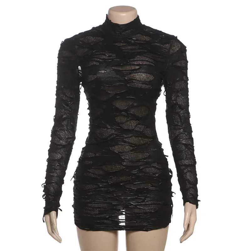 New Holes Patchwork Half High Neck Full Sleeve See Through Party Clubwear Vestidos Womens Sexy Backless Bodycon Mini Black Dress