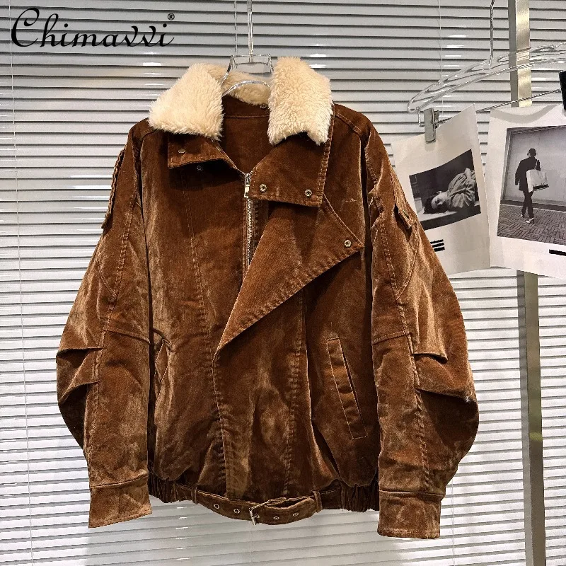 

2025 Winter New American Retro Fleece Turn-down Collar Suede Warm Loose Cotton Jacket Fashion Long Sleeve Elegant Cotton Coat