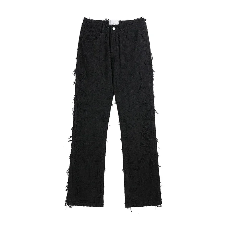 Streetwear Y2K Tassel Fringe Hole Baggy Jeans Men's White Black Straight Casual Denim Trousers Unisex Loose Oversized Cargos