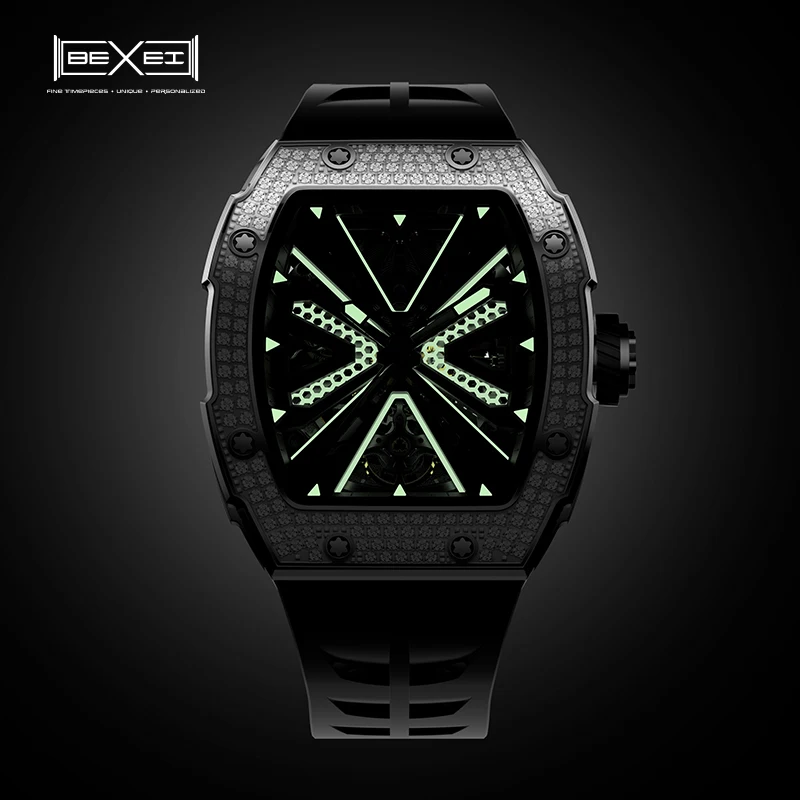 BEXEI 9132   Inlaid zircon Luxury Barrel shaped Automatic Mechanical watches for menSapphire Luminous waterproof  80 Hours Power