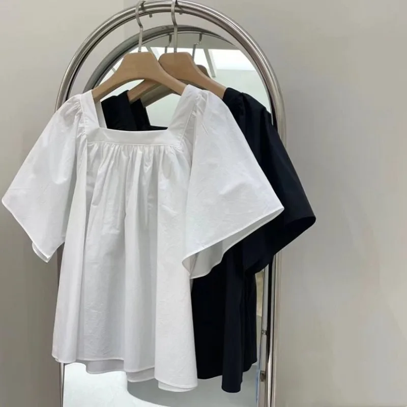 Square Collar Shirts and Blouses Korea Summer Top Women 2024 Elegant and Youth Woman Blouses Solid Fashion Short Sleeve Clolthes