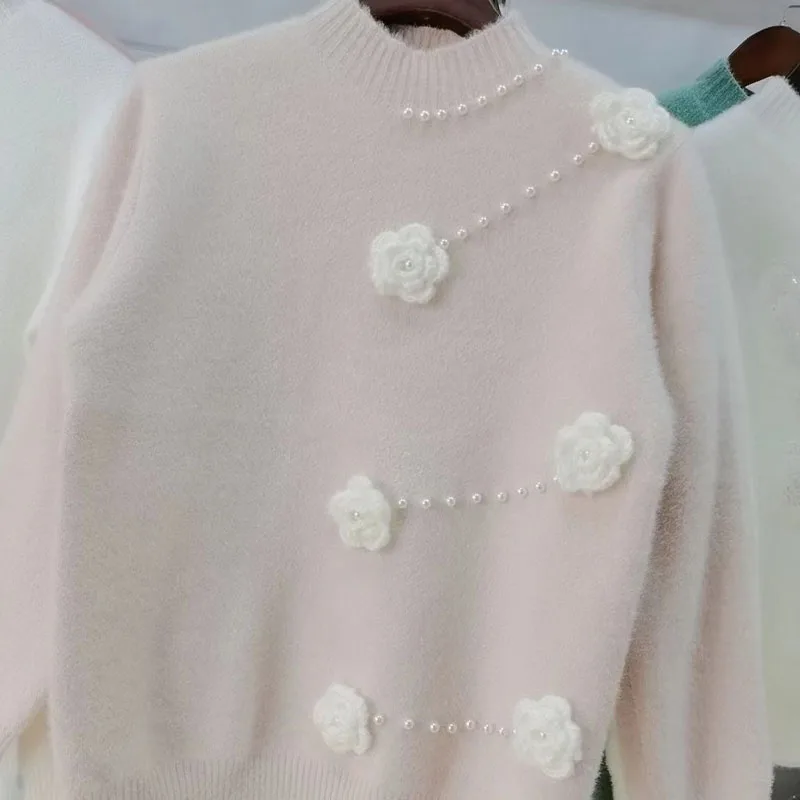 Suéter de lana de visón 3D para mujer, Cuello medio alto, versátil, estilo occidental, diseño de moda, otoño e invierno, nuevo