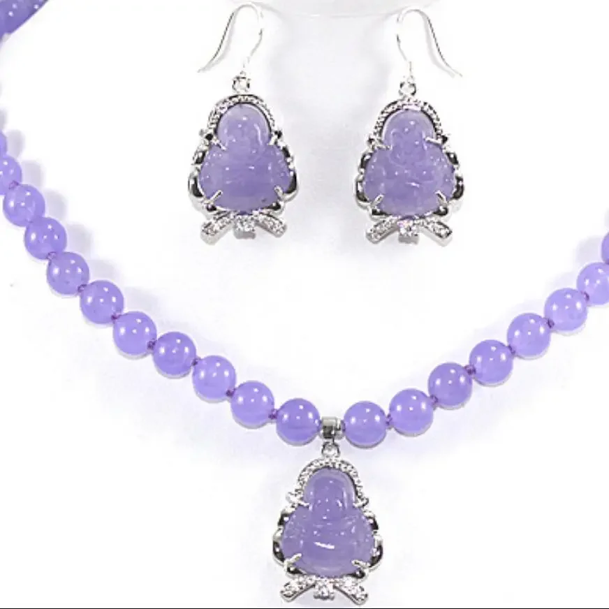 

8mm purple jade pendant necklace jade Buddha Earrings Jewelry Set Gift
