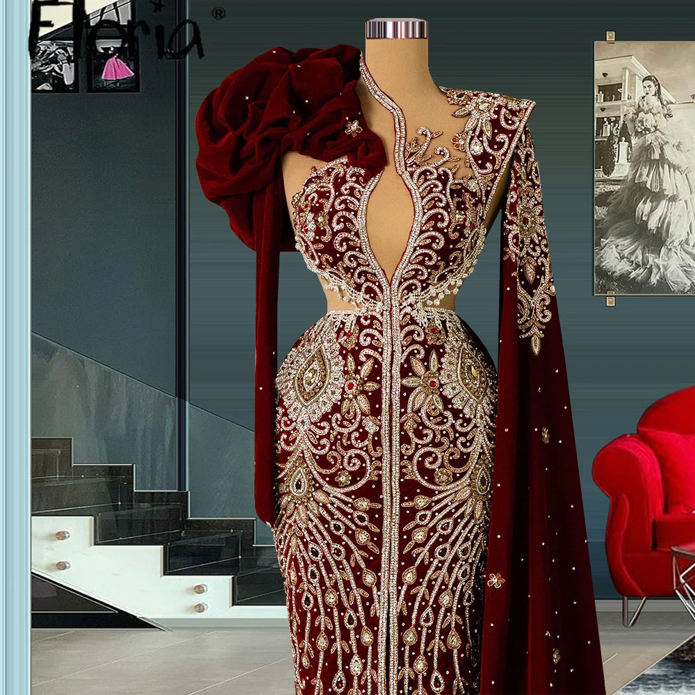 Floria Gorgeous Burgundy Velour Formal Evening Dress Plus Size Long Sleeve Heavy Handmade Beaded Embroidery Prom Party Gowns