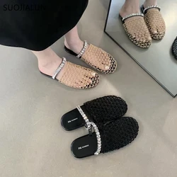 SUOJIALUN Summer New Brand Women Slipper Fashion Mesh Ladies Elegant Slip On Mules Shoes Soft Solse Flat Heel Sandal Slides Shoe