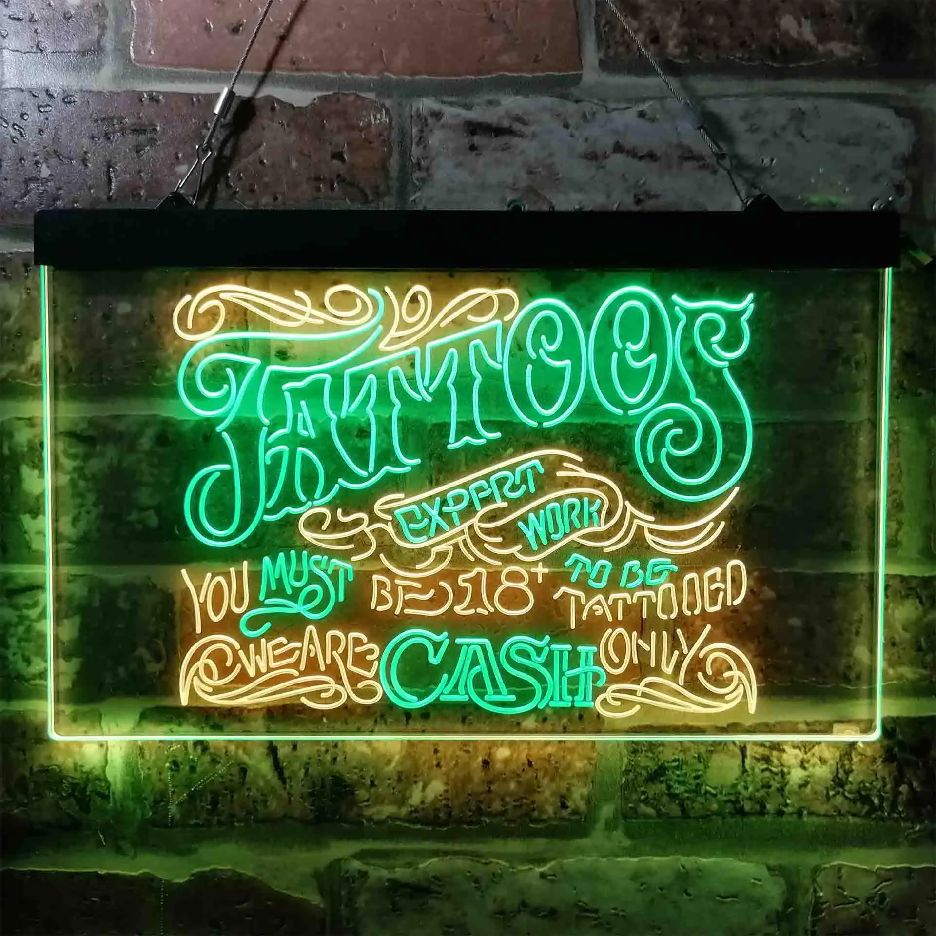 Tattoo Artwork. Expert Work. 18+. Cash Only Dual Color Led Neon Sign st6-i3883