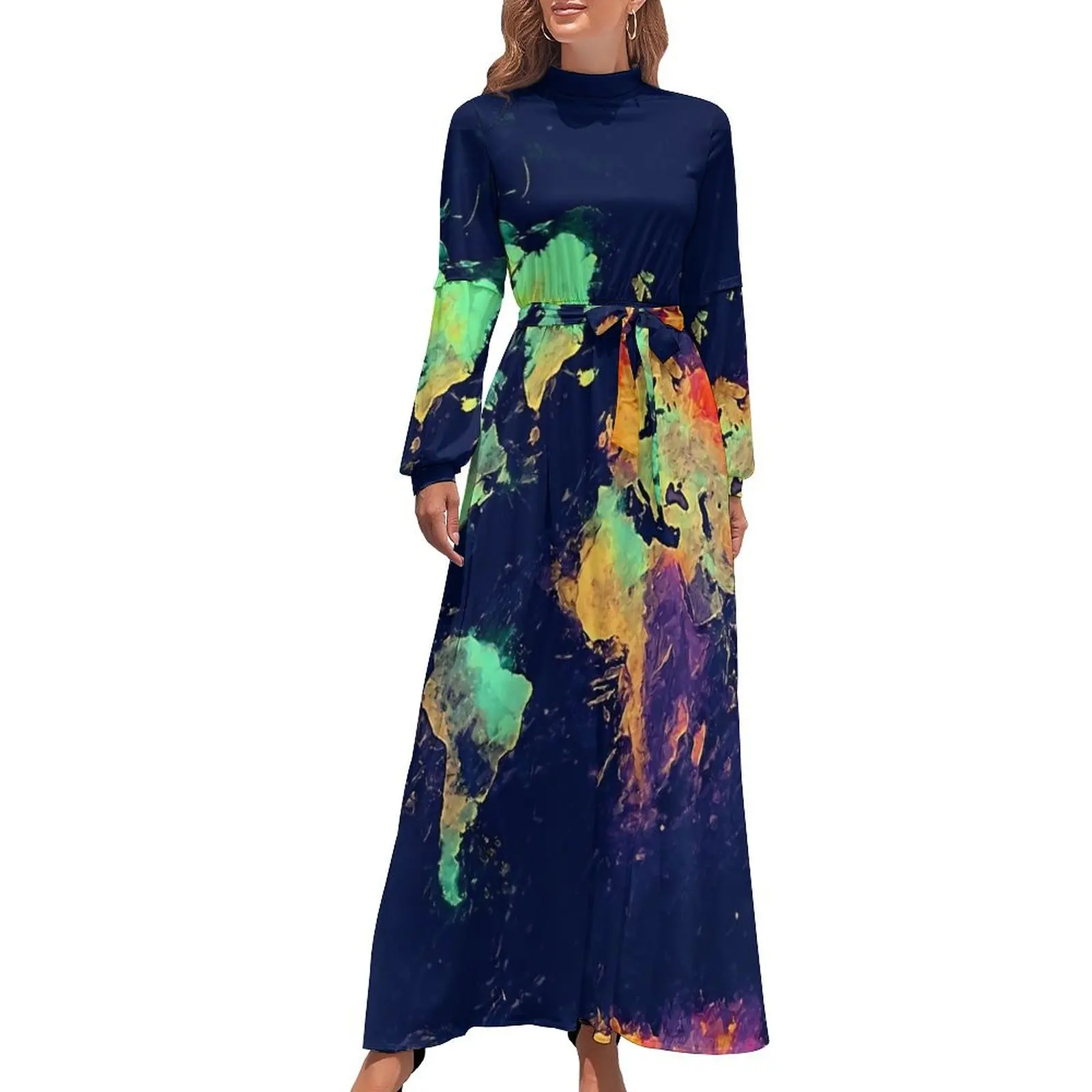 

World Map 140 Dress High Waist Global Map Art Design Boho Beach Dresses Long Sleeve Stylish Long Maxi Dress Sexy Clothing