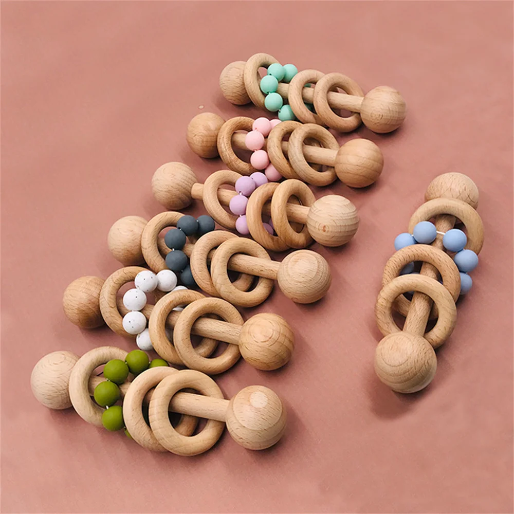 Baby Teething Light Soothing Toys Silica Gel Wooden Teething Toys Beaded Teether Appease Teething Stick Molar Silicone Beads