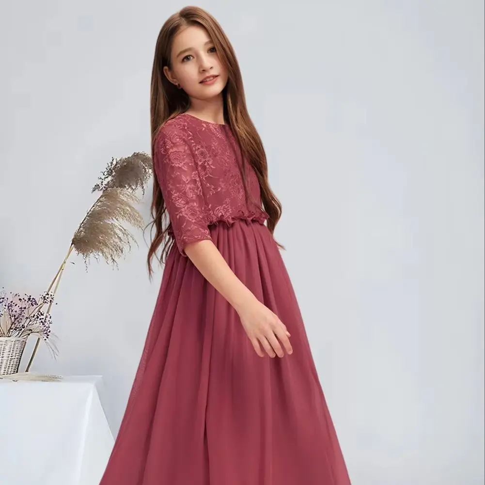 

WWA A-line Scoop Floor-Length Chiffon Junior Bridesmaid Dress With Pleated Cinnamon Rose Flower Girl Dress Wedding Party Teens
