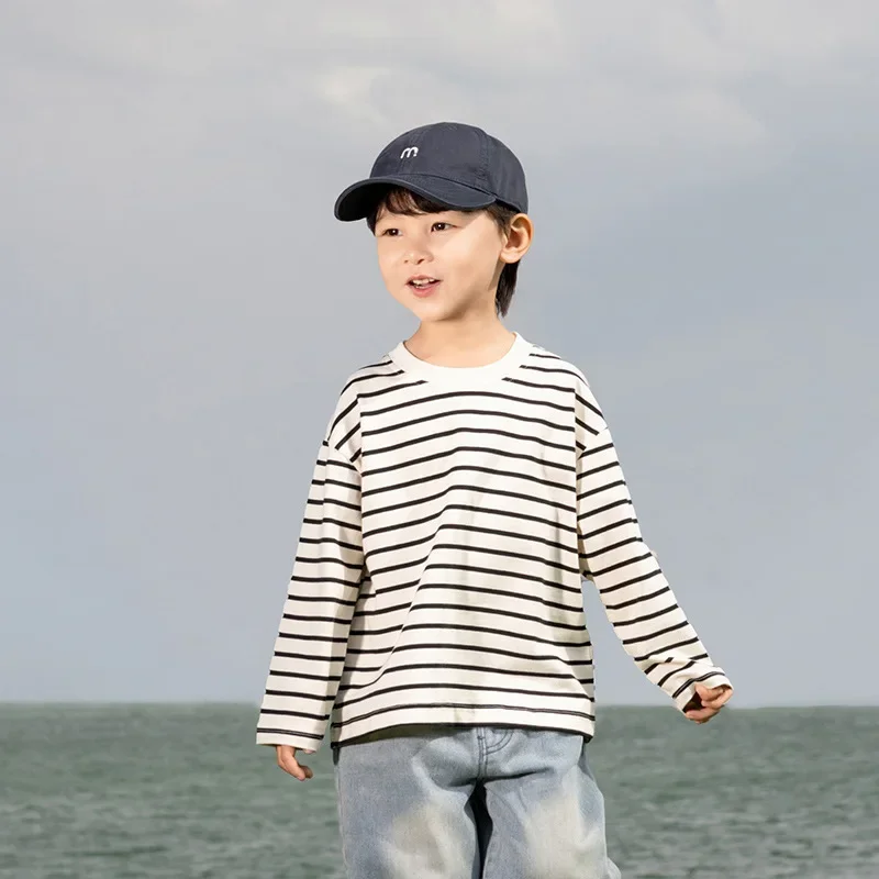 

202025 Early Spring New Children's Clothing Korean Edition Versatile Stripe T-shirt for Boys and Girls Simple Long Sleeve