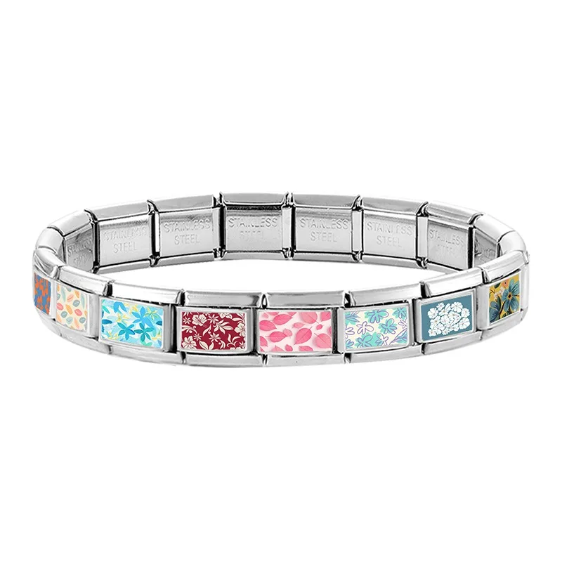 Fashion Oil Painting Green Background Color Flowers Italian Charm Links Fit 9mm Stainless Steel Bracelet Jewelry DIY Making Bead
