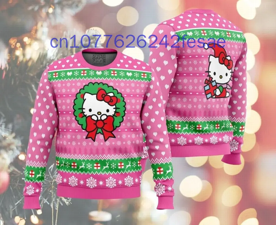 New Hello Kitty Christmas Sweater 3D Printed Casual Street Y2K Men's and Women's Long Sleeved Round Neck Sweater