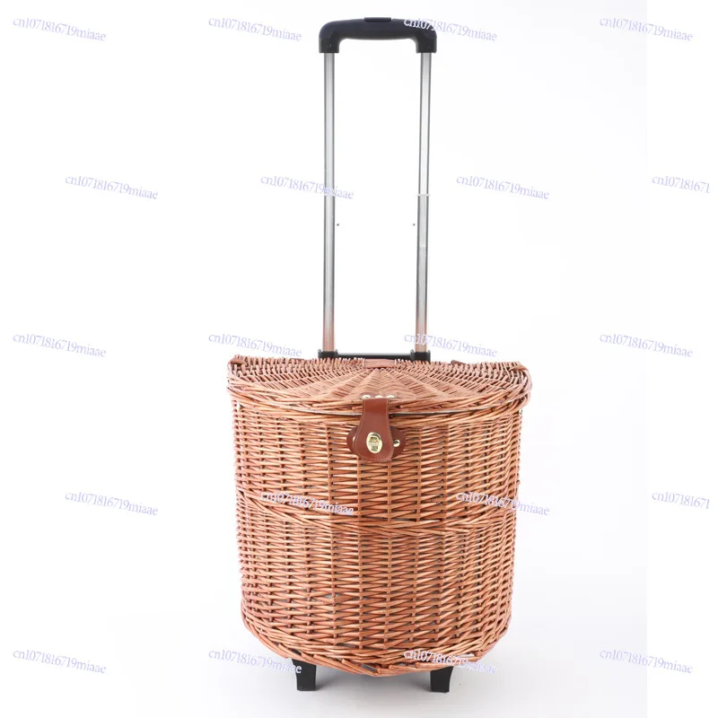 Spring Outing Storage Basket Trolley Type Multi-functional Outdoor Dining Box Thermal Insulation Tableware with Wheels Rattan