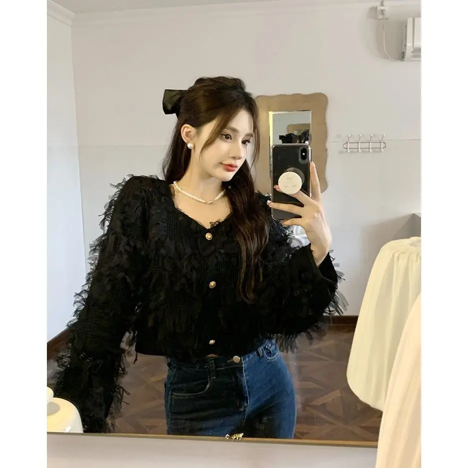 Tassel Design Long Sleeved Shirt Women's New Short Style Chic and Fairy Like Cardigan Top for Outerwear