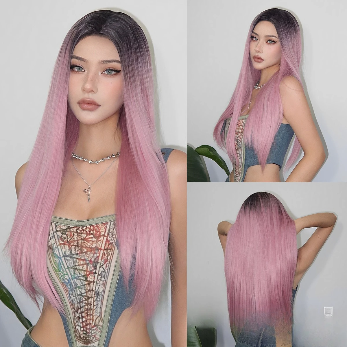 

Wig women's hot pink dyed black long straight hair cos wind is suitable for chemical fiber wigs for various occasions