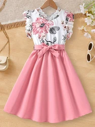 Girls Sweet Ruffle Neckline Flying Sleeves Floral Elegant Dress For Summer Going Out