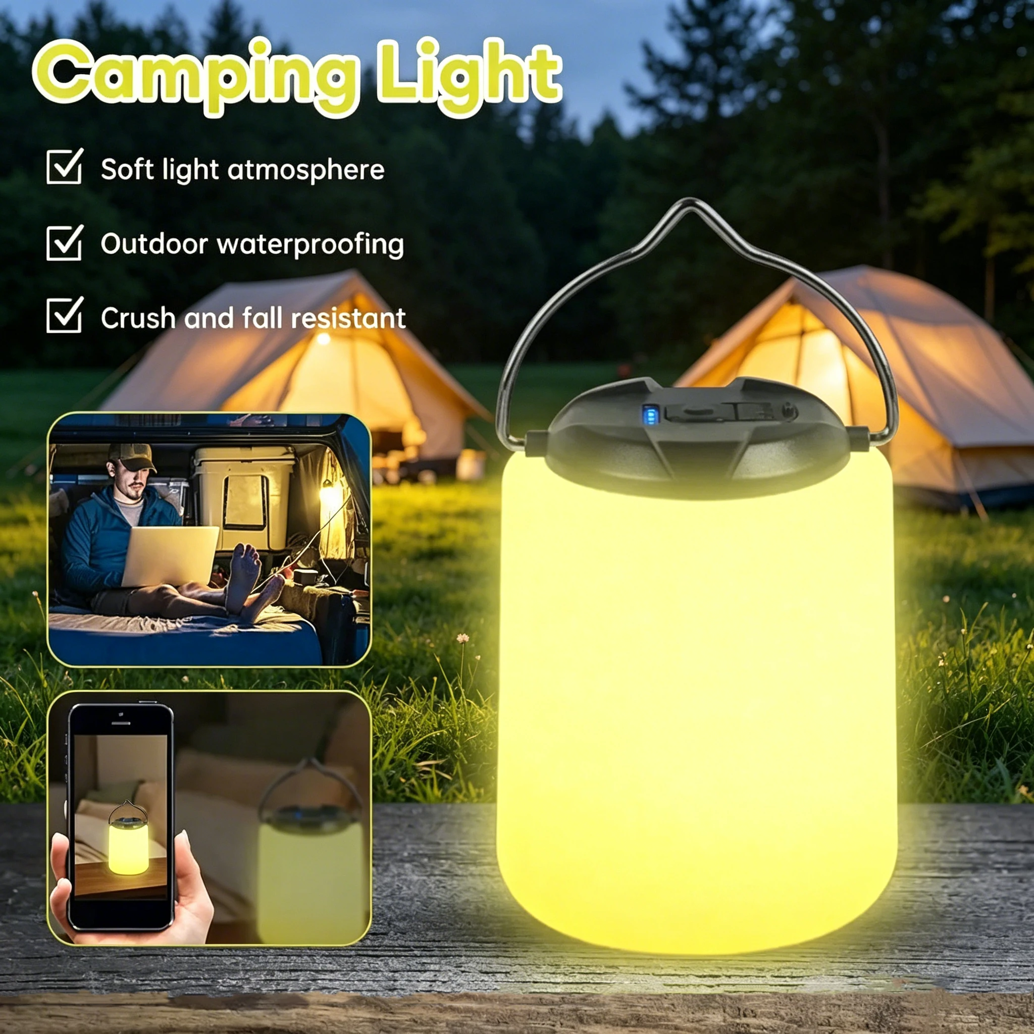 Luz de Camping Recargable 3000K Blanco Cálido, Linterna LED Impermeable IPX4, Mini Linterna Portátil para Camping, Senderismo y Actividades al Aire Libre