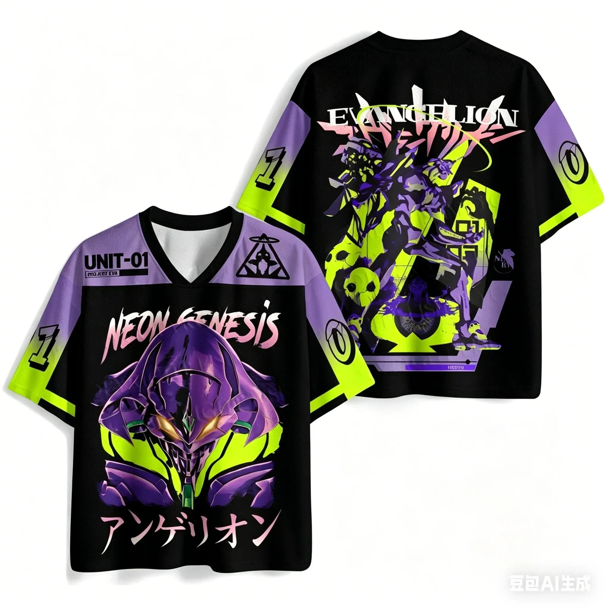 2026 new men's New Century Gospel Warrior V-neck short sleeved children's animated mechanical fan casual street sportswear