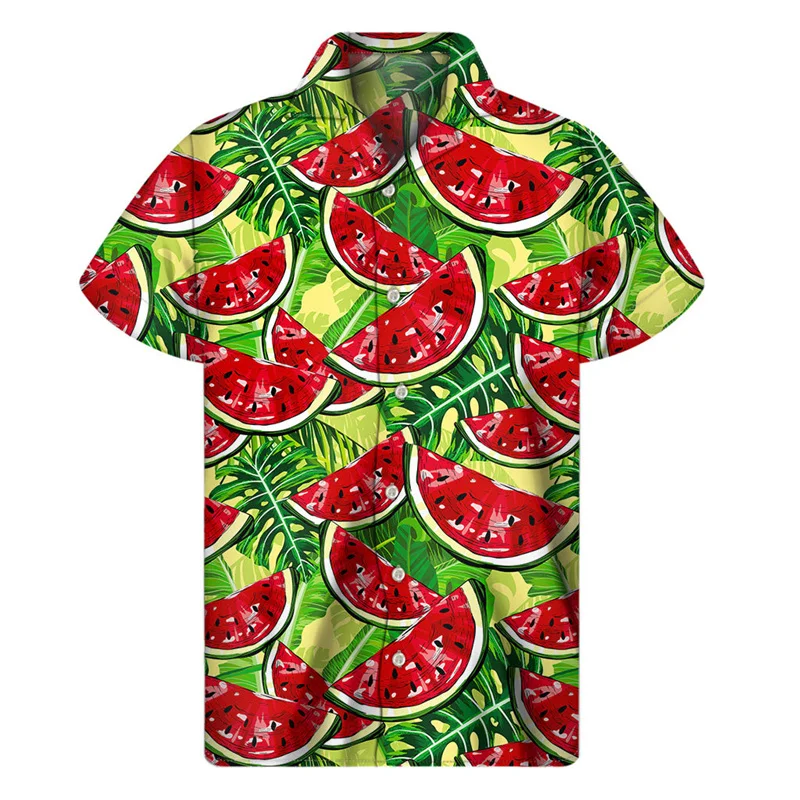 Tropical Watermelon Graphic Hawaiian Shirt Summer Street Short Sleeves 3d Printed Fruits Button Shirts Men Clothes Lapel Blouse