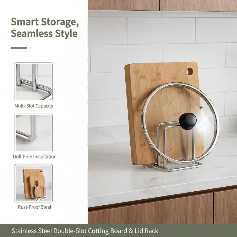 Stainless Steel Kitchen Organizer Rustproof Countertop Stand for Pot Lids Cutting Boards Home Cooking Storage