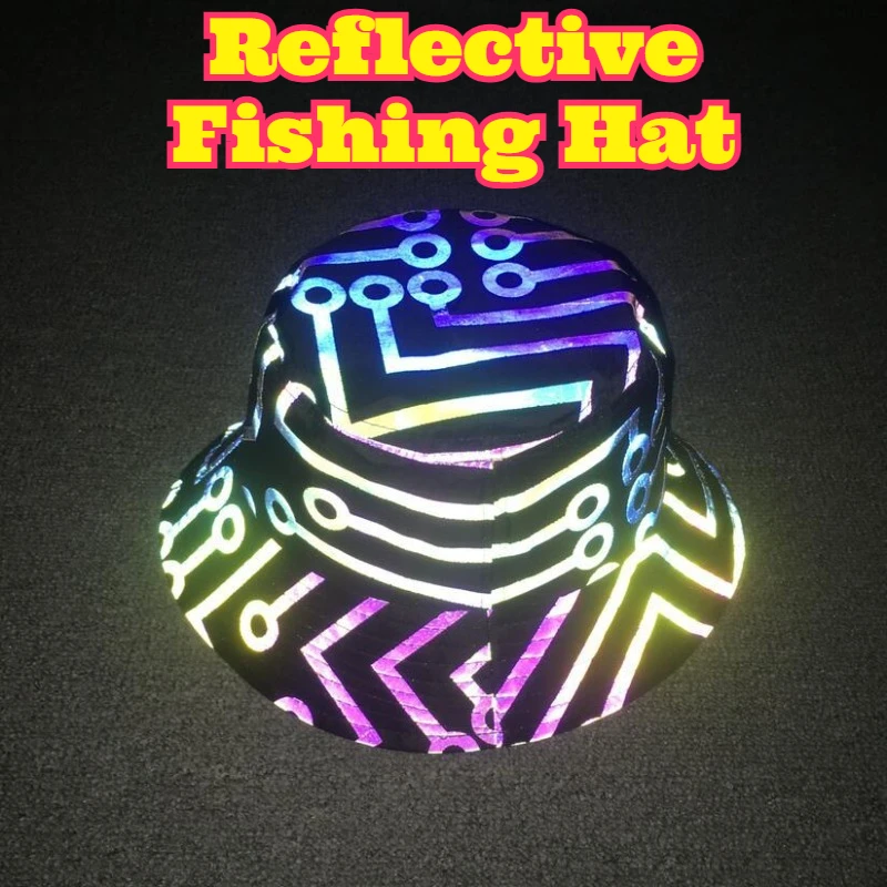 Bucket Hat Reflective Luminous Iridescent Colorful Pattern Sun Protection Shade Cap Outdoor Casual Headwear Women Daily Beach