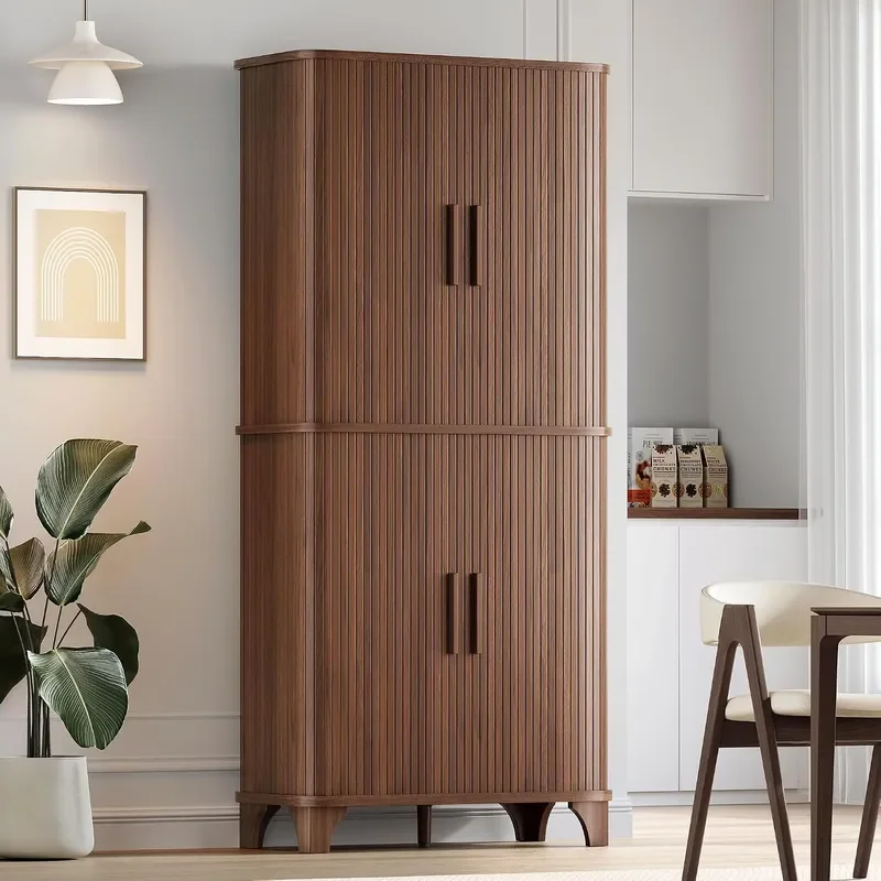 69 Tall Kitchen Pantry Storage Cabinet with Sliding Door Modern Curved Edge Pantry Storage Cabinet with 5 Shelves Cupboard