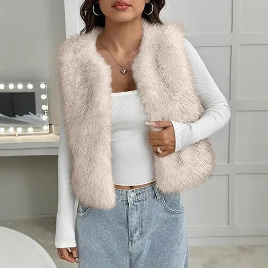 Furry Vests Women Fashion Sexy Faux Fur Open Stitch Sleeveless Casual Streetwear Jackets
