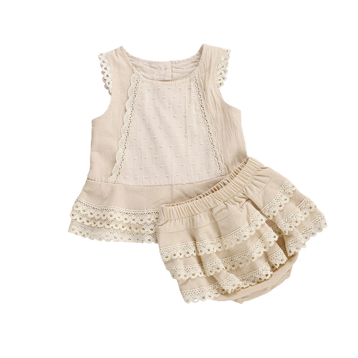 Baby Girls 2 Pieces Outfit Round Neck Sleeveless Lace Vest Tops Layered Hem Tiered Skirts Panty Sets