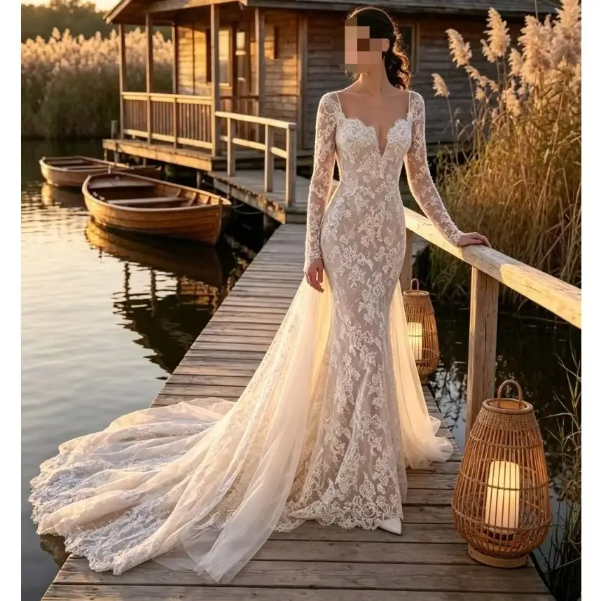 Customized Vintage Mermaid Wedding Dress 2026 Scalloped Spaghetti Square Chapel Train Floral Lace Detachable Tulle Bridal Gown