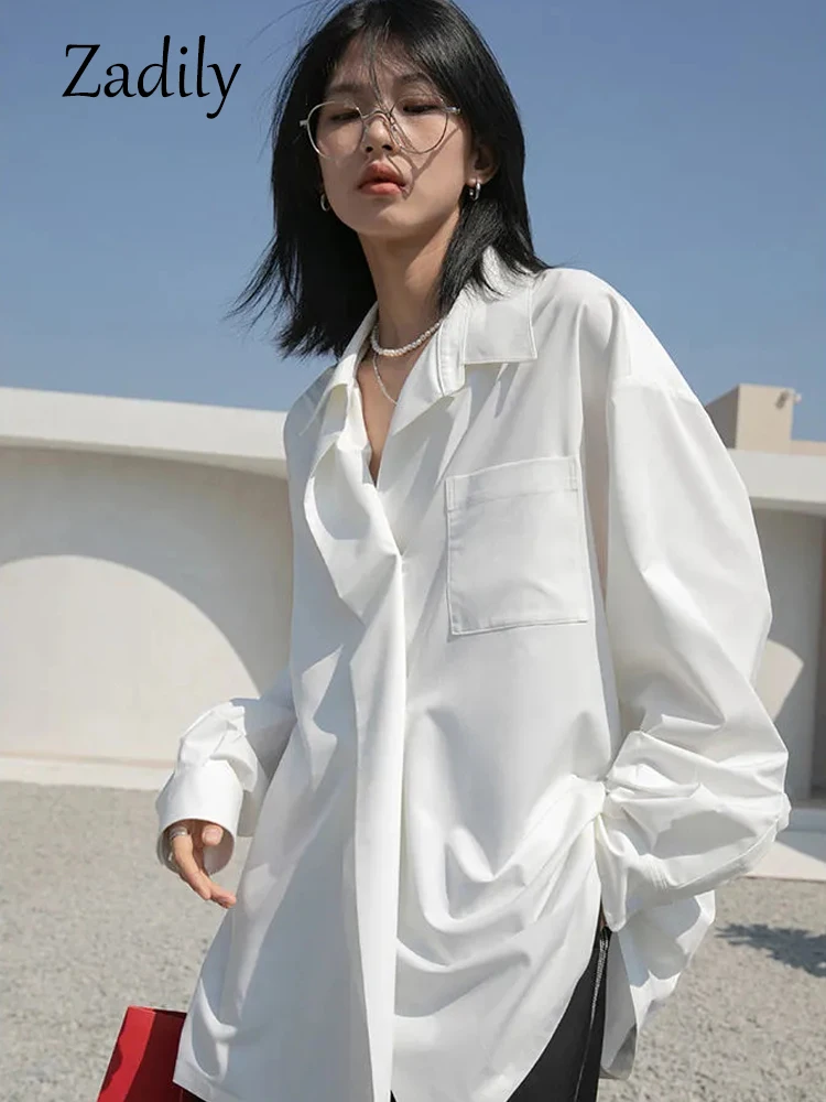 Zadily Minimalist Style Long Sleeve White Shirt Women Oversize Button Up Pocket Ladies Blouse 2022 Summer Work Female Clothing