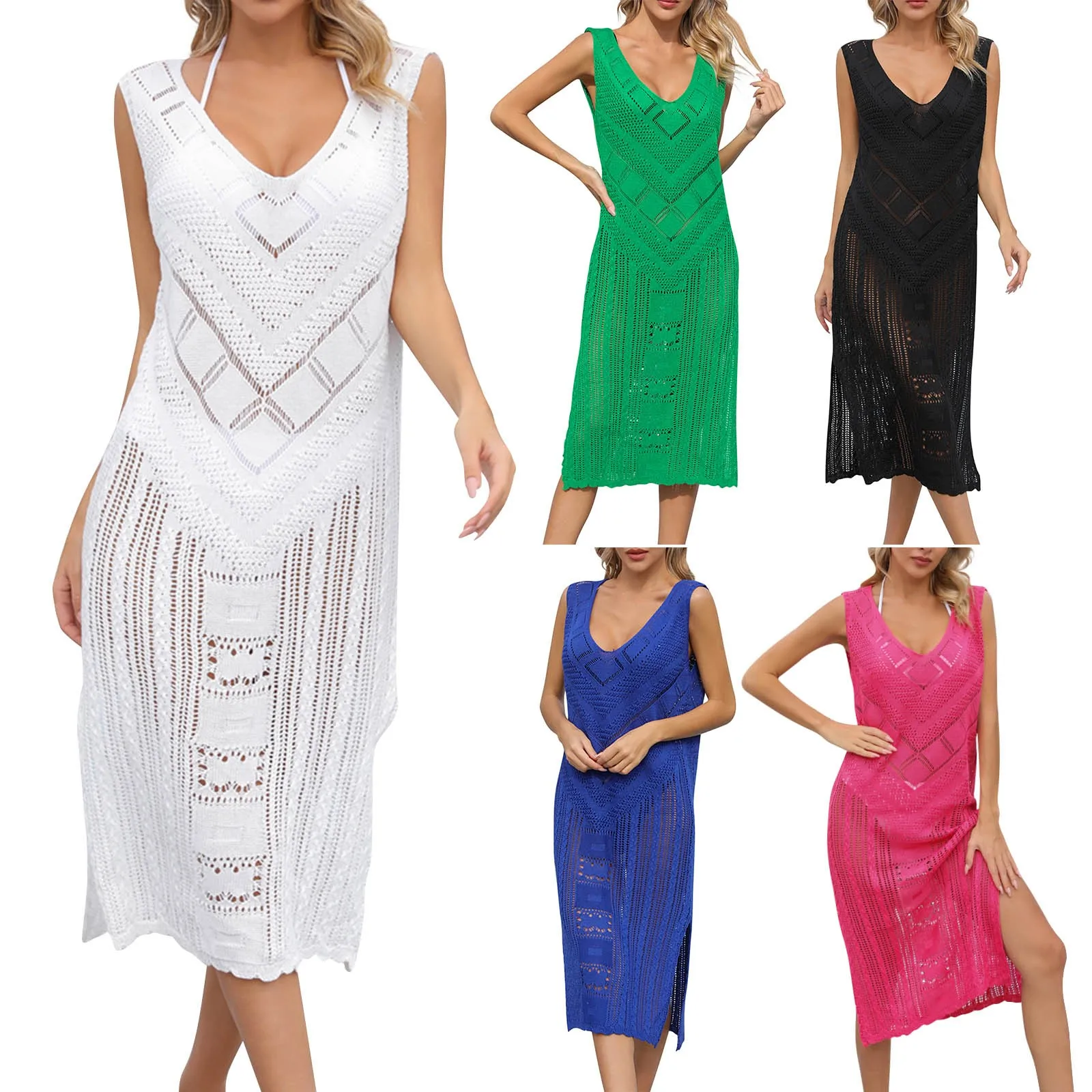 Sexy Hollow Out Beach Dress Women V Neck Sleeveless Crochet Swimsuit Cover Up Vestidos Female Bathing Suit Beach Cover Up