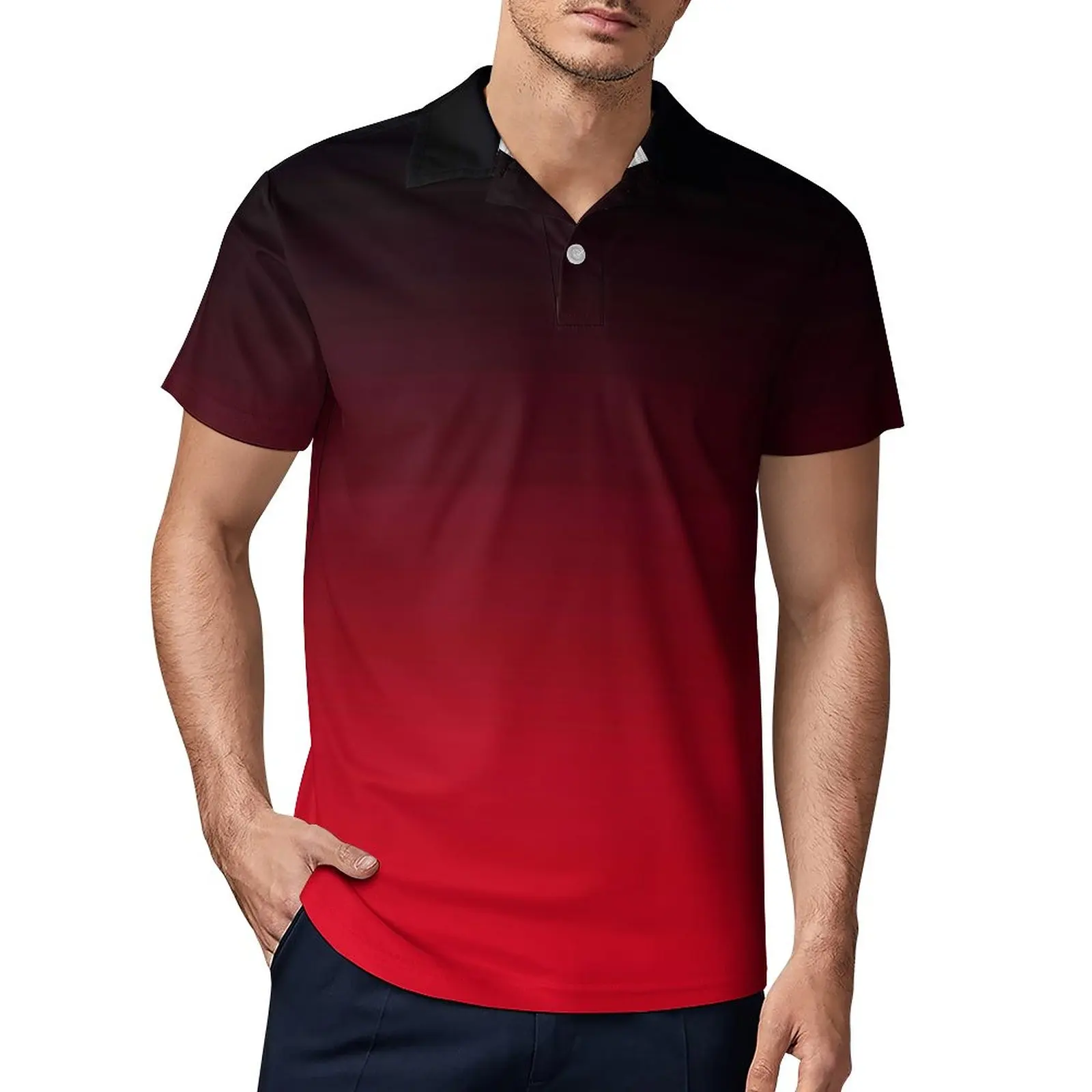 Bright Red And Black Ombre Polo Shirt Men Minimalist Gradient Casual Shirt Date Stylish Turn-Down Collar T-Shirts Oversized Top