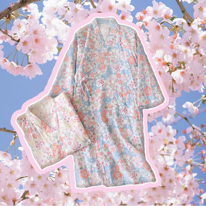 Japanese Homewear Kimono Style Pajamas Robe Bathrobe Spring Summer Lounge 3 Quarter Sleeve Sleepwear Cotton Sakura Print