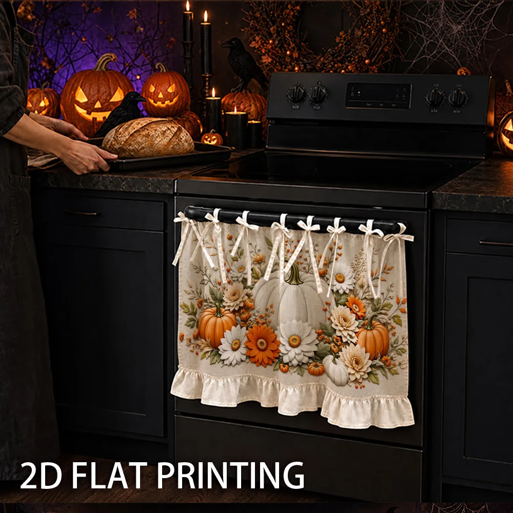 1PC kitchen stove curtain, cabinet curtain and apron. Features a 2D graphic print design featuring a festive pumpkin print. Perf