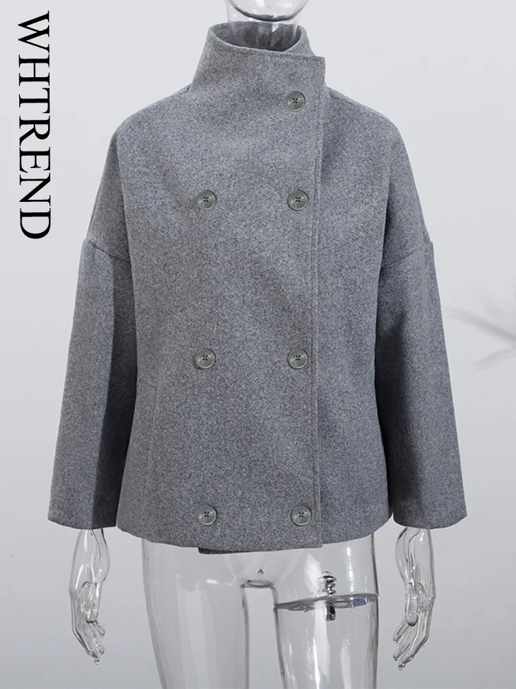 

WHTREND Long Sleeves Double Breasted Stand Collar Woolen Jacket For Women Chic Coats Autumn Winter New Female Fashion Outwear