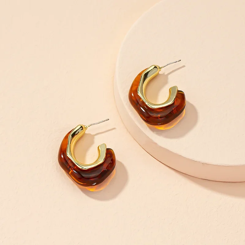 Baroque French Hoops Amber Earrings for Women Brown Crystal Resin Gold Geometry Baltic Malachite Imitation Emeral Green Stone