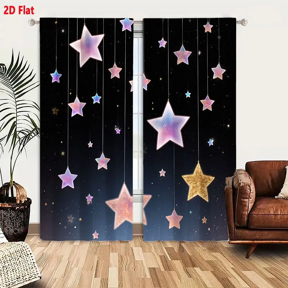 2Pcs Curtains 2D Flat Magical Night Sky With Hanging Glowing Stars In Pastel Hues And Golden Sparkle Window Drapes for Bedroom R