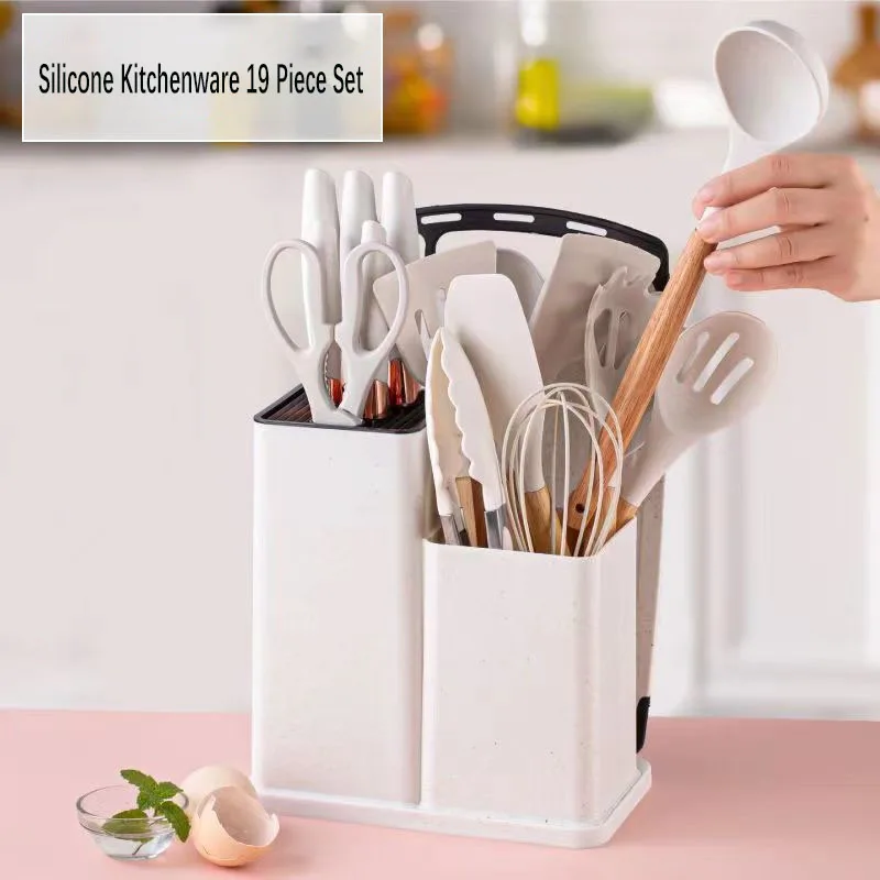 Silicone Kitchen Utensils 19 Piece Kitchen Utensils Storage Bucket Stainless Steel Handle Knife Set Kitchen Knife Set